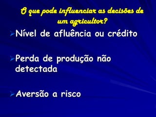 O que pode influenciar as decisões de
            um agricultor?
Nível de afluência ou crédito


Perda de produção não
 detectada

Aversão a risco
 