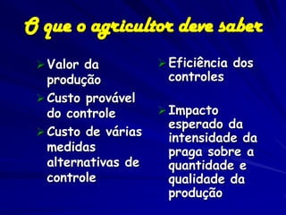 O que o agricultor deve saber
  Valor da           Eficiência dos
   produção           controles
  Custo provável
   do controle        Impacto
                      esperado da
  Custo de várias
                      intensidade da
   medidas            praga sobre a
   alternativas de    quantidade e
   controle           qualidade da
                      produção
 