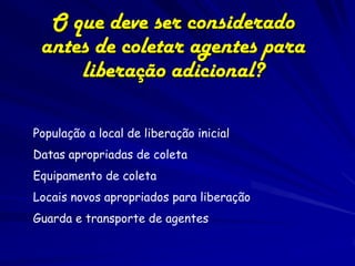 O que deve ser considerado
 antes de coletar agentes para
     liberação adicional?

População a local de liberação inicial
Datas apropriadas de coleta
Equipamento de coleta
Locais novos apropriados para liberação
Guarda e transporte de agentes
 