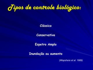 Tipos de controle biológico:

              Clássico


            Conservativo


           Espetro Amplo


        Inundação ou aumento

                           (Wapshere et al. 1989)
 