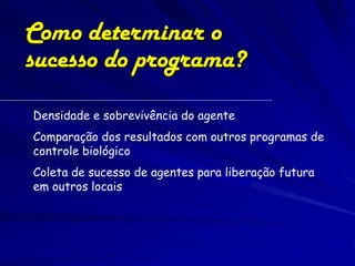 Como determinar o
sucesso do programa?
Densidade e sobrevivência do agente
Comparação dos resultados com outros programas de
controle biológico
Coleta de sucesso de agentes para liberação futura
em outros locais
 