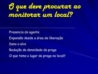 O que deve procurar ao
monitorar um local?
Presencia do agente
Expansão desde a área de liberação
Dano a alvo
Redução da densidade da praga
O que toma o lugar da praga no local?
 