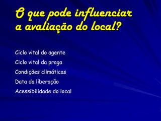 O que pode influenciar
a avaliação do local?
Ciclo vital do agente
Ciclo vital da praga
Condições climáticas
Data da liberação
Acessibilidade do local
 