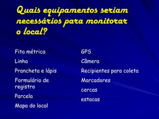 Quais equipamentos seriam
necessários para monitorar
o local?
Fita métrica        GPS
Linha               Câmera
Prancheta e lápis   Recipientes para coleta
Formulário de       Marcadores
registro
                    cercas
Parcela
                    estacas
Mapa do local
 
