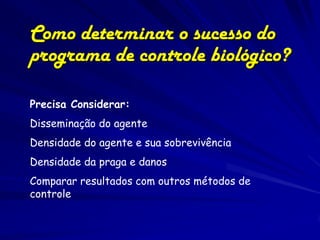 Como determinar o sucesso do
programa de controle biológico?

Precisa Considerar:
Disseminação do agente
Densidade do agente e sua sobrevivência
Densidade da praga e danos
Comparar resultados com outros métodos de
controle
 