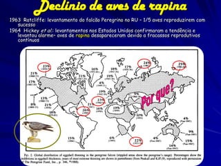 Declínio de aves de rapina
1963 Ratcliffe: levantamento do falcão Peregrino no RU – 1/5 aves reproduzirem com
   sucesso
1964 Hickey et al.: levantamentos nos Estados Unidos confirmaram a tendência e
   levantou alarme– aves de rapina desapareceram devido a fracassos reprodutivos
   contínuos
 