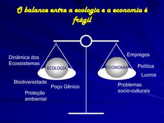 O balance entre a ecologia e a economia é
                    frágil



                                          Empregos
Dinâmica dos
Ecossistemas
                   ECOLOGIA       ECONOMIA     Política
                                                 Lucros
  Biodiversidade
                    Poço Gênico       Problemas
      Proteção                        socio-culturais
      ambiental
 