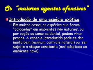 Os “maiores agentes ofensivos”
 Introdução de uma espécie exótica
  – Em muitos casos, as espécies que foram
    “colocadas” em ambientes não naturais, ou
    por opção ou como acidental, podem virar
    pragas. A espécie introduzida pode se dar
    muito bem (nenhum controle natural) ou ser
    sujeito a ataque constante (mal adaptado ao
    ambiente novo).
 