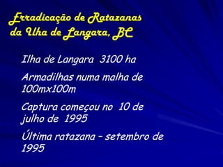 Erradicação de Ratazanas
da Ilha de Langara, BC

  Ilha de Langara 3100 ha
  Armadilhas numa malha de
  100mx100m
  Captura começou no 10 de
  julho de 1995
  Última ratazana – setembro de
  1995
 