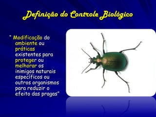 Definição do Controle Biológico

“ Modificação do
  ambiente ou
  práticas
  existentes para
  proteger ou
  melhorar os
  inimigos naturais
  específicos ou
  outros organismos
  para reduzir o
  efeito das pragas”
 