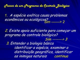 Passos de um Programa de Controle Biológico

1. A espécie exótica causa problemas
econômicos ou ecológicos?
                          Sim -------> 2

2. Existe apoio suficiente para começar um
programa de controle biológico?
                         Sim -------> 3
 3. Entender a biologia básica
      identificar a espécie, examinar a
      distribuição geográfica, identificar
      os inimigos naturais     continua
 