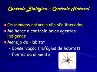Controle Biológico = Controle Natural


Os inimigos naturais não são liberados
Melhorar o controle pelos agentes
indígenas
Manejo de Habitat
 - Conservação (refúgios de habitat)
 - Fontes de alimento
 