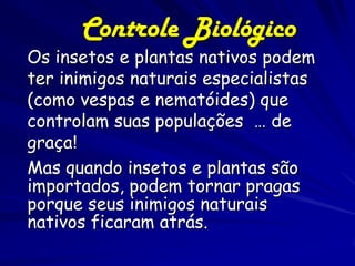 Controle Biológico
Os insetos e plantas nativos podem
ter inimigos naturais especialistas
(como vespas e nematóides) que
controlam suas populações … de
graça!
Mas quando insetos e plantas são
importados, podem tornar pragas
porque seus inimigos naturais
nativos ficaram atrás.
 