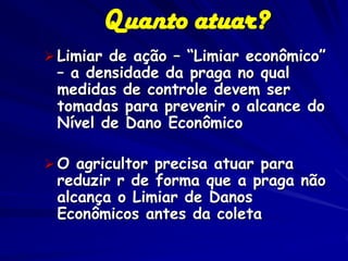 Quanto atuar?
 Limiar de ação – “Limiar econômico”
 – a densidade da praga no qual
 medidas de controle devem ser
 tomadas para prevenir o alcance do
 Nível de Dano Econômico

 O agricultor precisa atuar para
 reduzir r de forma que a praga não
 alcança o Limiar de Danos
 Econômicos antes da coleta
 