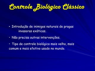 Controle Biológico Clássico

• Introdução de inimigos naturais de pragas
      invasoras exóticas.

• Não precisa outras intervenções.

• Tipo de controle biológico mais velho, mais
comum e mais efetivo usado no mundo.
 