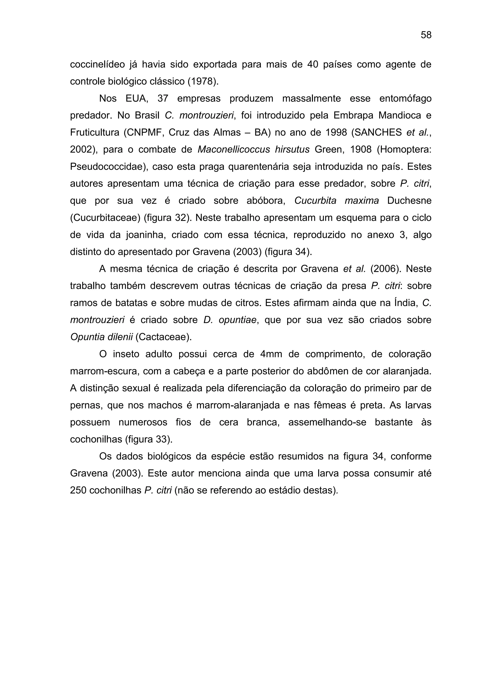 58
coccinelídeo já havia sido exportada para mais de 40 países como agente de
controle biológico clássico (1978).
Nos EUA, 37 empresas produzem massalmente esse entomófago
predador. No Brasil C. montrouzieri, foi introduzido pela Embrapa Mandioca e
Fruticultura (CNPMF, Cruz das Almas – BA) no ano de 1998 (SANCHES et al.,
2002), para o combate de Maconellicoccus hirsutus Green, 1908 (Homoptera:
Pseudococcidae), caso esta praga quarentenária seja introduzida no país. Estes
autores apresentam uma técnica de criação para esse predador, sobre P. citri,
que por sua vez é criado sobre abóbora, Cucurbita maxima Duchesne
(Cucurbitaceae) (figura 32). Neste trabalho apresentam um esquema para o ciclo
de vida da joaninha, criado com essa técnica, reproduzido no anexo 3, algo
distinto do apresentado por Gravena (2003) (figura 34).
A mesma técnica de criação é descrita por Gravena et al. (2006). Neste
trabalho também descrevem outras técnicas de criação da presa P. citri: sobre
ramos de batatas e sobre mudas de citros. Estes afirmam ainda que na Índia, C.
montrouzieri é criado sobre D. opuntiae, que por sua vez são criados sobre
Opuntia dilenii (Cactaceae).
O inseto adulto possui cerca de 4mm de comprimento, de coloração
marrom-escura, com a cabeça e a parte posterior do abdômen de cor alaranjada.
A distinção sexual é realizada pela diferenciação da coloração do primeiro par de
pernas, que nos machos é marrom-alaranjada e nas fêmeas é preta. As larvas
possuem numerosos fios de cera branca, assemelhando-se bastante às
cochonilhas (figura 33).
Os dados biológicos da espécie estão resumidos na figura 34, conforme
Gravena (2003). Este autor menciona ainda que uma larva possa consumir até
250 cochonilhas P. citri (não se referendo ao estádio destas).
 