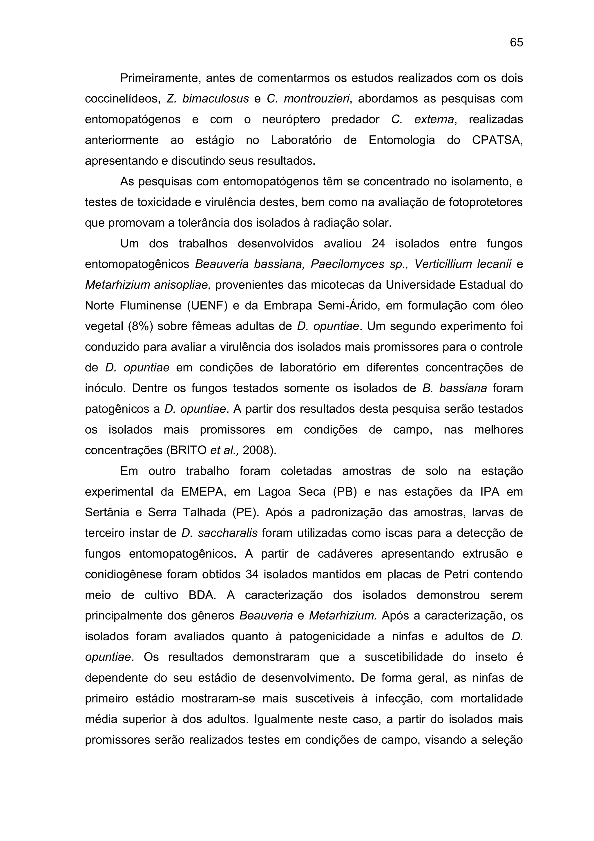 65
Primeiramente, antes de comentarmos os estudos realizados com os dois
coccinelídeos, Z. bimaculosus e C. montrouzieri, abordamos as pesquisas com
entomopatógenos e com o neuróptero predador C. externa, realizadas
anteriormente ao estágio no Laboratório de Entomologia do CPATSA,
apresentando e discutindo seus resultados.
As pesquisas com entomopatógenos têm se concentrado no isolamento, e
testes de toxicidade e virulência destes, bem como na avaliação de fotoprotetores
que promovam a tolerância dos isolados à radiação solar.
Um dos trabalhos desenvolvidos avaliou 24 isolados entre fungos
entomopatogênicos Beauveria bassiana, Paecilomyces sp., Verticillium lecanii e
Metarhizium anisopliae, provenientes das micotecas da Universidade Estadual do
Norte Fluminense (UENF) e da Embrapa Semi-Árido, em formulação com óleo
vegetal (8%) sobre fêmeas adultas de D. opuntiae. Um segundo experimento foi
conduzido para avaliar a virulência dos isolados mais promissores para o controle
de D. opuntiae em condições de laboratório em diferentes concentrações de
inóculo. Dentre os fungos testados somente os isolados de B. bassiana foram
patogênicos a D. opuntiae. A partir dos resultados desta pesquisa serão testados
os isolados mais promissores em condições de campo, nas melhores
concentrações (BRITO et al., 2008).
Em outro trabalho foram coletadas amostras de solo na estação
experimental da EMEPA, em Lagoa Seca (PB) e nas estações da IPA em
Sertânia e Serra Talhada (PE). Após a padronização das amostras, larvas de
terceiro instar de D. saccharalis foram utilizadas como iscas para a detecção de
fungos entomopatogênicos. A partir de cadáveres apresentando extrusão e
conidiogênese foram obtidos 34 isolados mantidos em placas de Petri contendo
meio de cultivo BDA. A caracterização dos isolados demonstrou serem
principalmente dos gêneros Beauveria e Metarhizium. Após a caracterização, os
isolados foram avaliados quanto à patogenicidade a ninfas e adultos de D.
opuntiae. Os resultados demonstraram que a suscetibilidade do inseto é
dependente do seu estádio de desenvolvimento. De forma geral, as ninfas de
primeiro estádio mostraram-se mais suscetíveis à infecção, com mortalidade
média superior à dos adultos. Igualmente neste caso, a partir do isolados mais
promissores serão realizados testes em condições de campo, visando a seleção
 