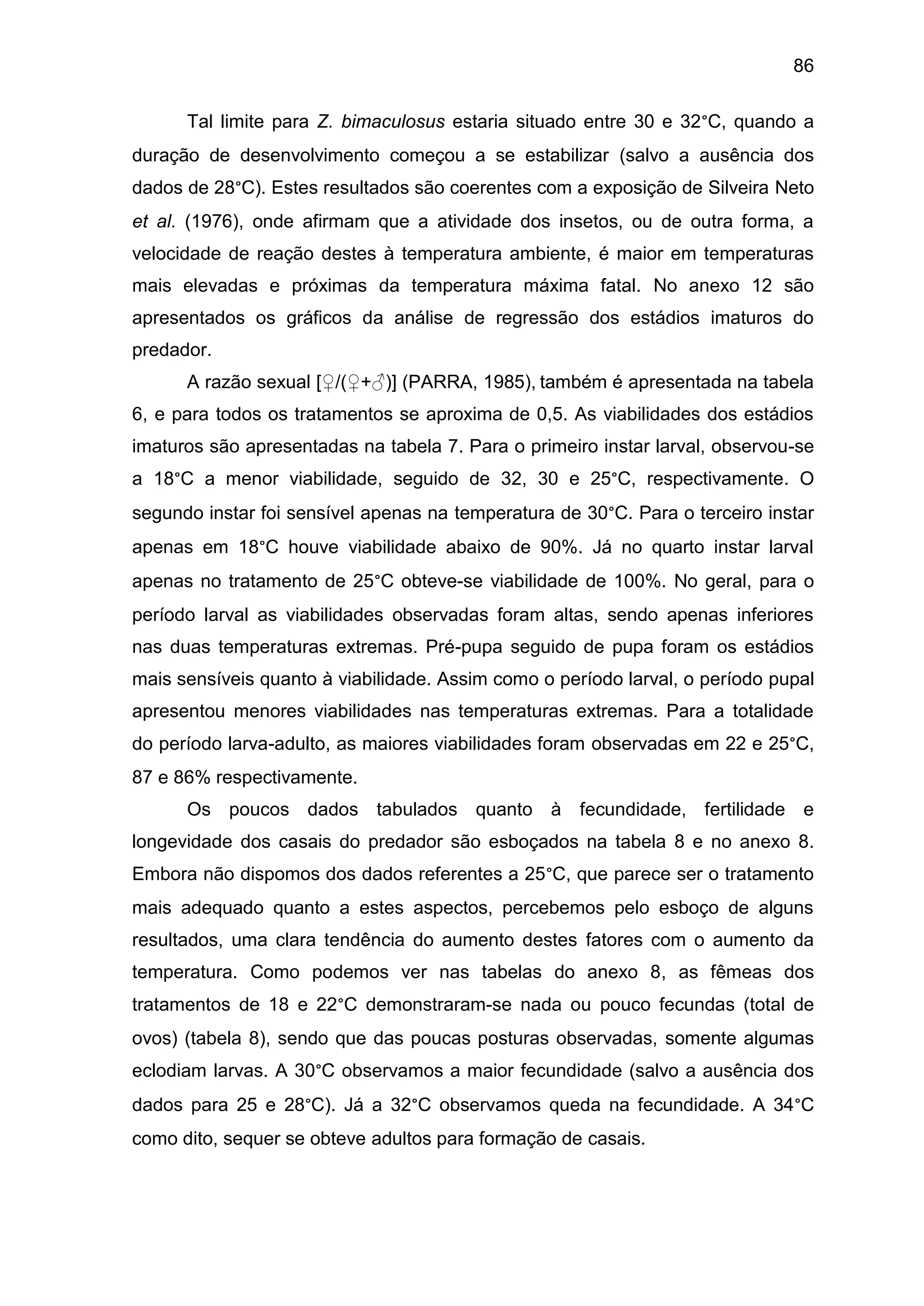 86
Tal limite para Z. bimaculosus estaria situado entre 30 e 32°C, quando a
duração de desenvolvimento começou a se estabilizar (salvo a ausência dos
dados de 28°C). Estes resultados são coerentes com a exposição de Silveira Neto
et al. (1976), onde afirmam que a atividade dos insetos, ou de outra forma, a
velocidade de reação destes à temperatura ambiente, é maior em temperaturas
mais elevadas e próximas da temperatura máxima fatal. No anexo 12 são
apresentados os gráficos da análise de regressão dos estádios imaturos do
predador.
A razão sexual [♀/(♀+♂)] (PARRA, 1985), também é apresentada na tabela
6, e para todos os tratamentos se aproxima de 0,5. As viabilidades dos estádios
imaturos são apresentadas na tabela 7. Para o primeiro instar larval, observou-se
a 18°C a menor viabilidade, seguido de 32, 30 e 25°C, respectivamente. O
segundo instar foi sensível apenas na temperatura de 30°C. Para o terceiro instar
apenas em 18°C houve viabilidade abaixo de 90%. Já no quarto instar larval
apenas no tratamento de 25°C obteve-se viabilidade de 100%. No geral, para o
período larval as viabilidades observadas foram altas, sendo apenas inferiores
nas duas temperaturas extremas. Pré-pupa seguido de pupa foram os estádios
mais sensíveis quanto à viabilidade. Assim como o período larval, o período pupal
apresentou menores viabilidades nas temperaturas extremas. Para a totalidade
do período larva-adulto, as maiores viabilidades foram observadas em 22 e 25°C,
87 e 86% respectivamente.
Os poucos dados tabulados quanto à fecundidade, fertilidade e
longevidade dos casais do predador são esboçados na tabela 8 e no anexo 8.
Embora não dispomos dos dados referentes a 25°C, que parece ser o tratamento
mais adequado quanto a estes aspectos, percebemos pelo esboço de alguns
resultados, uma clara tendência do aumento destes fatores com o aumento da
temperatura. Como podemos ver nas tabelas do anexo 8, as fêmeas dos
tratamentos de 18 e 22°C demonstraram-se nada ou pouco fecundas (total de
ovos) (tabela 8), sendo que das poucas posturas observadas, somente algumas
eclodiam larvas. A 30°C observamos a maior fecundidade (salvo a ausência dos
dados para 25 e 28°C). Já a 32°C observamos queda na fecundidade. A 34°C
como dito, sequer se obteve adultos para formação de casais.
 