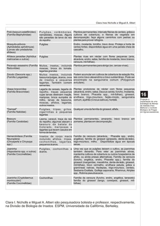Clara Ines Nicholls e Miguel A. Altieri


Potó (besouro estafilinídeo)   Pulgões, colêmbolas,                 Plantios permanentes; intercale fileiras de centeio, grãos e
(Família Staphylinidae)        nematóides, moscas. Alguns           cultivos de cobertura, e fileiras de vegetais em
                               são parasitas da larva da raiz       decomposição; faça alguns caminhos com pedras ou
                               do repolho                           plantas para prover refúgios.
Mosquito-pólvora               Pulgões                              Endro, mostarda, tomilho, trevo doce. Proteja a horta de
(Aphidoletes aphidimyza)                                            ventos fortes; disponibilize água em uma panela cheia de
(Larvas são predadores                                              cascalho.
afídeos)
Afídeos parasitas (Aphidius    Pulgões                              Plantas ricas em néctar com flores pequenas (anis,
matricariae e outros)                                               alcarávia, endro, salsa, família da mostarda, trevo branco,
                                                                    cenoura, mil-folhas).
Pecevejo assassino (Família Muitos, insetos, incluindo              Plantios permanentes para abrigo (ex. cercas-vivas).
Reduviidae)                 moscas, broca do tomate,
                            lagartas grandes
Zoiudo (Geocoris spp.)      Muitos insetos, incluindo               Podem acumular em cultivos de cobertura de estação fria,
(Família Lyagaidae)         besouros/pulgas, ácaros, ovos           tais como trevo alexandrino e trevo subterrâneo. Pode ser
                            de insetos e pequenas                   encontrado na sanguinária comum (Polygonum
                            lagartas. Também comem                  aviculare).
                            sementes.
Vespa braconídea               Lagarta de cereais, lagarta do       Plantas produtoras de néctar com flores pequenas
(Família Braconidae)           repolho, traças pequenas             (alcarávia, endro, salsa, Daucus carota, funcho, mostarda,
                               cujas larvas destroem maçãs,
                               mariposa, broca européia do
                                                                    trevo branco, Phacelia spp., mil-folhas), girassol,
                                                                    ervilhaca, trigo-mourisco, feijão-miúdo, sanguinária
                                                                                                                                       16
                               milho, larvas de besouros,           comum, açafrão (Crocus sativus), hortelã.                          Projeção e
                                                                                                                                       Implantação de uma
                               moscas, afídios, lagartas,                                                                              Estratégia de Manejo
                               outros insetos.                                                                                         de Habitats Para
                                                                                                                                       Melhorar o Controle
"Damsel"                       P u l g õ e s , t r i p e s , g r i l o s , Qualquer uma da família do girassol, alfafa.                Biológico de Pragas
(Família Nabidae)              cigarrinhas e pequenas                                                                                  em Agroecossistemas
                               lagartas
Besouro                        Lesma, caracol, traça da raiz Plantios permanentes, amaranto, trevo branco em
(Família Carabidae)            do repolho; algumas atacam o pomares, plantas em decomposição.
                               besouro da batata do
                               Colorado, mariposas e
                               lagartas que tecem casulos em
                               forma de tendas.
Hemerobídeos (Família          Insetos de corpo macio               Família da cenoura (alcarávia, Phacelia spp., endro,
Neuroptera)                    incluindo afídios, tripes,           angélica), família do girassol (girassóis, dente-de-leão),
(Chrysperla e Chrysopa         cochonilhas, lagartas,               trigo-mourisco, milho. Disponibilize água em épocas
spp.)                          pequenos ácaros.                     secas.
Joaninha                       P u l g õ e s , c o c h o n i l h a s e Uma vez que os pulgões deixem o cultivo, as joaninhas
(Hippodamia spp. e outros)     ácaros.                                 também deixarão. Para reter as joaninhas ativas,
(Família Coccinellidae)                                                mantenha cultivos de cobertura ou outros hospedeiros de
                                                                       afídio, ou ainda presas alternativas. Família da cenoura
                                                                       (funcho, angélica, endro, Phacelia spp.), família do
                                                                       girassol (margaridas, macelinha, dente-de-leão, girassol,
                                                                       mil-folhas), trevo vermelho, ervilhaca peluda, grãos e
                                                                       gramíneas nativas, Asclepias, trigo-mourisco, centeio,
                                                                       Sesbania Exaltata, Quillaja saponaria, Rhamnus, Atriplex
                                                                       spp., Robinia pseudoacacia.
Joaninha (Cryptolaemus         Cochonilhas                          Família da cenoura (funcho, endro, angélica, tanaceto)
montrouzieri)                                                       família do girassol (tango, coreópsis, girassol, mil-
(Família Coccinellidae)                                             folhas)




Clara I. Nicholls e Miguel A. Altieri são pesquisadora bolsista e professor, respectivamente,
na Divisão de Biologia de Insetos ESPM, Universidade da Califórnia, Berkeley.
 