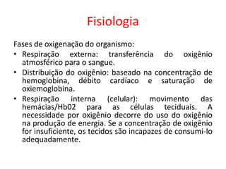 Fisiologia
Fases de oxigenação do organismo:
• Respiração externa: transferência do oxigênio
atmosférico para o sangue.
• Distribuição do oxigênio: baseado na concentração de
hemoglobina, débito cardíaco e saturação de
oxiemoglobina.
• Respiração interna (celular): movimento das
hemácias/Hb02 para as células teciduais. A
necessidade por oxigênio decorre do uso do oxigênio
na produção de energia. Se a concentração de oxigênio
for insuficiente, os tecidos são incapazes de consumi-lo
adequadamente.
 