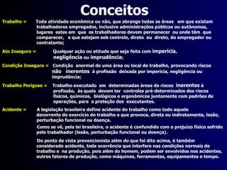 Trabalho =   Toda atividade econômica ou não, que abrange todas as áreas  em que existam    trabalhadores empregados, inclusive administrações públicas ou autônomas,    lugares  estes em  que  os trabalhadores devem permanecer  ou onde têm  que    comparecer,  e que estejam sob controle, direto  ou  direto, do empregador ou    contratante;  Ato Inseguro =   Qualquer ação ou atitude que seja feita com imperícia, negligência ou      imprudência; Condição Insegura =   Condição  anormal de uma área ou local de trabalho, provocando riscos    não  inerentes  à profissão  deixada por imperícia, negligência ou    imprudência;  Trabalho Perigoso =  Trabalho executado  em  determinadas áreas de riscos  inerentes  à    profissão,  às quais  devem ter  controles pré-determinados dos riscos    físicos, químicos,  biológicos e ergonômicos e de acidentes  juntamente com    padrões de  operações, para  a proteção dos  executantes.  Acidente =   A legislação brasileira define acidente do trabalho como todo aquele      decorrente do exercício do trabalho e que provoca, direta ou indiretamente, lesão,    perturbação funcional ou doença.  Como se vê, pela lei brasileira, o acidente é confundido com o prejuízo físico sofrido    pelo trabalhador (lesão, perturbação funcional ou doença). Do ponto de vista prevencionista além do que foi dito acima, é também    considerado acidente, toda ocorrência que interfere nas condições normais de    trabalho e  na produção, pois além do homem, podem ser envolvidos nos acidentes,    outros fatores de produção, como máquinas, ferramentas, equipamentos e tempo. Conceitos 
