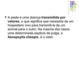 A peste é uma doença transmitida por
vetores, o que significa que necessita de um
hospedeiro vivo para transmiti-la de um
animal para o outro. Na maioria dos casos,
uma determinada espécie de pulga, a
Xenopsylla cheopis, é o vetor.
 