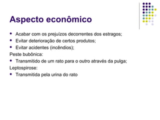 Aspecto econômico
 Acabar com os prejuízos decorrentes dos estragos;
 Evitar deterioração de certos produtos;
 Evitar acidentes (incêndios);
Peste bubônica:
 Transmitido de um rato para o outro através da pulga;
Leptospirose:
 Transmitida pela urina do rato
 