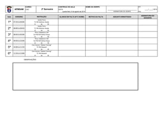 CURSO: CONTROLE DE AULA NOME DO XERIFE: DT:
APMSAM CAO DATA: _________________________________ ____/ ____/ 2014
quarta-feira, 6 de agosto de 2014 ASSINATURA DO XERIFE Por:
Aula HORÁRIO ALUNOS EM FALTA (Nº E NOME) MOTIVO DA FALTA ASSUNTO MINISTRADO
ASSINATURA DO
DOCENTE
11 de 50
12 de 50
11 de 30
12 de 30
13 de 30
14 de 30
6ª 11:15h às 12:00h
Com Social e “Media Training”
TC PM Maxwell
4ª 09:45h às 10:30h
Ética, Cidadania e DH
Cel PM R/R Adilson Bispo
5ª 10:30h às 11:15h
Com Social e “Media Training”
TC PM Maxwell
2ª 08:00h às 08:45h
Saúde Física
TC PM Adeílson Ataíde
3ª 08:45h às 09:30h
Ética, Cidadania e DH
Cel PM R/R Adilson Bispo
2º Semestre
INSTRUÇÃO
1ª 07:15h às 08:00h
Saúde Física
TC PM Adeílson Ataíde
OBSERVAÇÕES
 
