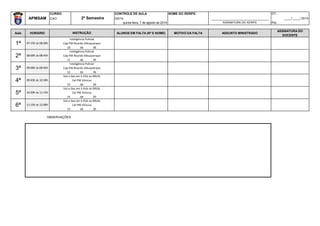 CURSO: CONTROLE DE AULA NOME DO XERIFE: DT:
APMSAM CAO DATA: _________________________________ ____/ ____/ 2014
quinta-feira, 7 de agosto de 2014 ASSINATURA DO XERIFE Por:
Aula HORÁRIO ALUNOS EM FALTA (Nº E NOME) MOTIVO DA FALTA ASSUNTO MINISTRADO
ASSINATURA DO
DOCENTE
10 de 36
11 de 36
12 de 36
13 de 20
14 de 20
15 de 20
6ª 11:15h às 12:00h
Sist e Ges em S.Púb no BR/AL
Cel PM Vinicius
4ª 09:45h às 10:30h
Sist e Ges em S.Púb no BR/AL
Cel PM Vinicius
5ª 10:30h às 11:15h
Sist e Ges em S.Púb no BR/AL
Cel PM Vinicius
2ª 08:00h às 08:45h
Inteligência Policial
Cap PM Ricardo Albuquerque
3ª 09:00h às 09:45h
Inteligência Policial
Cap PM Ricardo Albuquerque
2º Semestre
INSTRUÇÃO
1ª 07:15h às 08:00h
Inteligência Policial
Cap PM Ricardo Albuquerque
OBSERVAÇÕES
 