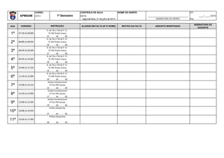 CURSO: CONTROLE DE AULA NOME DO XERIFE: DT:
APMSAM CFO I DATA: _________________________________ ____/ ____/ 2014
segunda-feira, 21 de julho de 2014 ASSINATURA DO XERIFE Por:
Aula HORÁRIO ALUNOS EM FALTA (Nº E NOME) MOTIVO DA FALTA ASSUNTO MINISTRADO
ASSINATURA DO
DOCENTE
25 de 60
26 de 60
27 de 60
28 de 60
29 de 60
30 de 60
16 de 60
17 de 60
18 de 60
37 de 60
38 de 60
1º Ten PM Canuto
Prática Desportiva
0
Prática Desportiva
0
1º Semestre
TC PM Thúlio Emery
Direito Constitucional
1º Ten PM Canuto
Direito Constitucional
1º Ten PM Canuto
Direito Constitucional
TC PM Thúlio Emery
D. da Téc e Tát de P. O.
TC PM Thúlio Emery
D. da Téc e Tát de P. O.
TC PM Thúlio Emery
D. da Téc e Tát de P. O.
10ª 16:00h às 16:45h
11ª 16:45h às 17:30h
INSTRUÇÃO
D. da Téc e Tát de P. O.
TC PM Thúlio Emery
D. da Téc e Tát de P. O.
TC PM Thúlio Emery
D. da Téc e Tát de P. O.
7ª 13:30h às 14:15h
8ª 14:15h às 15:00h
9ª 15:00h às 15:45h
4ª 09:45h às 10:30h
5ª 10:30h às 11:15h
6ª 11:15h às 12:00h
1ª 07:15h às 08:00h
2ª 08:00h às 08:45h
3ª 08:45h às 09:30h
 