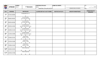 CURSO: CONTROLE DE AULA NOME DO XERIFE: DT:
APMSAM CFO II DATA: _________________________________ ____/ ____/ 2014
quarta-feira, 23 de julho de 2014 ASSINATURA DO XERIFE Por:
Aula HORÁRIO ALUNOS EM FALTA (Nº E NOME) MOTIVO DA FALTA ASSUNTO MINISTRADO
ASSINATURA DO
DOCENTE
0 de 0
1 de 30
2 de 30
46 de 60
47 de 60
48 de 60
24 de 60
25 de 60
26 de 60
43 de 60
44 de 60
2ª 08:00h às 08:45h
Soc. do Conflito
1º Ten PM Sílvio César
3ª 08:45h às 09:30h
Soc. do Conflito
1º Ten PM Sílvio César
1º Semestre
INSTRUÇÃO
1ª 07:15h às 08:00h
À disposição do C. A.
0
6ª 11:15h às 12:00h
D. Administrativo
Cap PM Thayronilson Emery
7ª 13:30h às 14:15h
Direito Penal
Cap PM J. Paulo
4ª 09:45h às 10:30h
D. Administrativo
Cap PM Thayronilson Emery
5ª 10:30h às 11:15h
D. Administrativo
Cap PM Thayronilson Emery
10ª 16:00h às 16:45h
Prática Desportiva
0
11ª 16:45h às 17:30h
Prática Desportiva
0
8ª 14:15h às 15:00h
Direito Penal
Cap PM J. Paulo
9ª 15:00h às 15:45h
Direito Penal
Cap PM J. Paulo
 