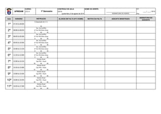 CURSO: CONTROLE DE AULA NOME DO XERIFE: DT:
APMSAM CFO II DATA: _________________________________ ____/ ____/ 2014
quarta-feira, 6 de agosto de 2014 ASSINATURA DO XERIFE Por:
Aula HORÁRIO ALUNOS EM FALTA (Nº E NOME) MOTIVO DA FALTA ASSUNTO MINISTRADO
ASSINATURA DO
DOCENTE
0 de 0
5 de 30
6 de 30
7 de 30
8 de 30
9 de 30
36 de 60
37 de 60
38 de 60
39 de 60
40 de 60
10ª 16:00h às 16:45h
Direito Penal
Cap PM J. Paulo
11ª 16:45h às 17:30h
Direito Penal
Cap PM J. Paulo
8ª 14:15h às 15:00h
Direito Penal
Cap PM J. Paulo
9ª 15:00h às 15:45h
Direito Penal
Cap PM J. Paulo
6ª 11:15h às 12:00h
Soc. do Conflito
1º Ten PM Sílvio César
7ª 13:30h às 14:15h
Direito Penal
Cap PM J. Paulo
4ª 09:45h às 10:30h
Soc. do Conflito
1º Ten PM Sílvio César
5ª 10:30h às 11:15h
Soc. do Conflito
1º Ten PM Sílvio César
2ª 08:00h às 08:45h
Soc. do Conflito
1º Ten PM Sílvio César
3ª 08:45h às 09:30h
Soc. do Conflito
1º Ten PM Sílvio César
1º Semestre
INSTRUÇÃO
1ª 07:15h às 08:00h
À disposição do C. A.
0
 