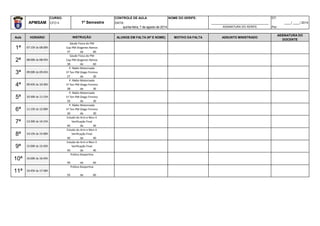 CURSO: CONTROLE DE AULA NOME DO XERIFE: DT:
APMSAM CFO II DATA: _________________________________ ____/ ____/ 2014
quinta-feira, 7 de agosto de 2014 ASSINATURA DO XERIFE Por:
Aula HORÁRIO ALUNOS EM FALTA (Nº E NOME) MOTIVO DA FALTA ASSUNTO MINISTRADO
ASSINATURA DO
DOCENTE
37 de 60
38 de 60
27 de 30
28 de 30
29 de 30
30 de 30
40 de 40
40 de 40
40 de 40
49 de 60
50 de 60
10ª 16:00h às 16:45h
Prática Desportiva
0
11ª 16:45h às 17:30h
Prática Desportiva
0
8ª 14:15h às 15:00h
Estudo do Arm e Mun II
Verificação Final
9ª 15:00h às 15:45h
Estudo do Arm e Mun II
Verificação Final
6ª 11:15h às 12:00h
P. Rádio Motorizado
1º Ten PM Diego Firmino
7ª 13:30h às 14:15h
Estudo do Arm e Mun II
Verificação Final
4ª 09:45h às 10:30h
P. Rádio Motorizado
1º Ten PM Diego Firmino
5ª 10:30h às 11:15h
P. Rádio Motorizado
1º Ten PM Diego Firmino
2ª 08:00h às 08:45h
Sáude Fisica do PM
Cap PM Diogenes Ramos
3ª 09:00h às 09:45h
P. Rádio Motorizado
1º Ten PM Diego Firmino
1º Semestre
INSTRUÇÃO
1ª 07:15h às 08:00h
Sáude Fisica do PM
Cap PM Diogenes Ramos
 
