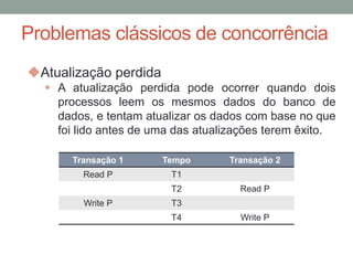 Problemas clássicos de concorrência
Atualização perdida
 A atualização perdida pode ocorrer quando dois
processos leem os mesmos dados do banco de
dados, e tentam atualizar os dados com base no que
foi lido antes de uma das atualizações terem êxito.
Transação 1 Tempo Transação 2
Read P T1
T2 Read P
Write P T3
T4 Write P
 