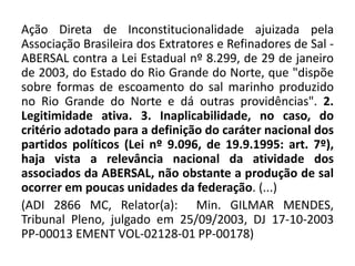 Ação Direta de Inconstitucionalidade ajuizada pela 
Associação Brasileira dos Extratores e Refinadores de Sal - 
ABERSAL contra a Lei Estadual nº 8.299, de 29 de janeiro 
de 2003, do Estado do Rio Grande do Norte, que "dispõe 
sobre formas de escoamento do sal marinho produzido 
no Rio Grande do Norte e dá outras providências". 2. 
Legitimidade ativa. 3. Inaplicabilidade, no caso, do 
critério adotado para a definição do caráter nacional dos 
partidos políticos (Lei nº 9.096, de 19.9.1995: art. 7º), 
haja vista a relevância nacional da atividade dos 
associados da ABERSAL, não obstante a produção de sal 
ocorrer em poucas unidades da federação. (...) 
(ADI 2866 MC, Relator(a): Min. GILMAR MENDES, 
Tribunal Pleno, julgado em 25/09/2003, DJ 17-10-2003 
PP-00013 EMENT VOL-02128-01 PP-00178) 
 