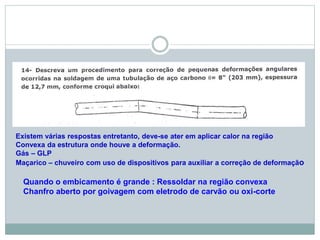 Quando o embicamento é grande : Ressoldar na região convexa
Chanfro aberto por goivagem com eletrodo de carvão ou oxi-corte
Existem várias respostas entretanto, deve-se ater em aplicar calor na região
Convexa da estrutura onde houve a deformação.
Gás – GLP
Maçarico – chuveiro com uso de dispositivos para auxiliar a correção de deformação
 