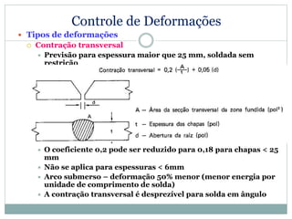 Controle de Deformações
 Tipos de deformações
 Contração transversal
 Previsão para espessura maior que 25 mm, soldada sem
restrição
 O coeficiente 0,2 pode ser reduzido para 0,18 para chapas < 25
mm
 Não se aplica para espessuras < 6mm
 Arco submerso – deformação 50% menor (menor energia por
unidade de comprimento de solda)
 A contração transversal é desprezível para solda em ângulo
 