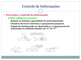 Controle de Deformações
 Prevenção e controle da deformação
 Evitar soldagem excessiva
 Reduzir ao mínimo a quantidade de metal depositado
 Chanfros devem ter abertura e espaçamento pequenos
 Ângulo do chanfro pode ser diminuído se o espaçamento for
aumentado ou utilizado chanfro em “J” ou “U”
 