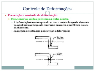 Controle de Deformações
 Prevenção e controle da deformação
 Posicionar as soldas próximas à linha neutra
 A deformação é menor quando se tem o menor braço da alavanca
possível para as forças de contração puxarem o perfil fora do seu
alinhamento.
 Seqüência de soldagem pode evitar a deformação
 