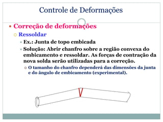 Controle de Deformações
 Correção de deformações
 Ressoldar
 Ex.: Junta de topo embicada
 Solução: Abrir chanfro sobre a região convexa do
embicamento e ressoldar. As forças de contração da
nova solda serão utilizadas para a correção.
 O tamanho do chanfro dependerá das dimensões da junta
e do ângulo de embicamento (experimental).
 