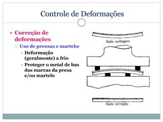 Controle de Deformações
 Correção de
deformações
 Uso de prensas e martelos
 Deformação
(geralmente) a frio
 Proteger o metal de base
das marcas da presa
e/ou martelo
 