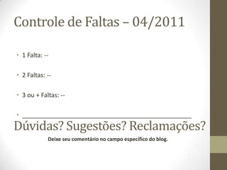 Controle de Faltas – 04/20111 Falta: --2 Faltas: --3 ou + Faltas: --_________________________________________________Dúvidas? Sugestões? Reclamações?Deixe seu comentário no campo específico do blog.