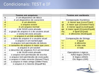 Condicionais: TEST e IF

             Testes em arquivos                      Testes em variáveis
 -b           é um dispositivo de bloco
 -c        é um dispositivo de caractere             Comparação Numérica
 -d                  é um diretório              -lt   é menor que (LessThan)
 -e                 o arquivo existe            -gt é maior que (GreaterThan)
 -f              é um arquivo normal            -le   é menor igual (LessEqual)
 -g            o bit SGID está ativado          -ge é maior igual (GreaterEqual)
-G    o grupo do arquivo é o do usuário atual   -eq         é igual (EQual)
 -k           o sticky-bit está ativado         -ne     é diferente (NotEqual)
 -L         o arquivo é um link simbólico
-O      o dono do arquivo é o usuário atual         Comparação de Strings
 -p          o arquivo é um named pipe          “=”          é igual
 -r      o arquivo tem permissão de leitura     !=         é diferente
 -s   o tamanho do arquivo é maior que zero     -n         é não nula
-S              o arquivo é um socket           -z           é nula
 -t   o descritor de arquivos N é um terminal
 -u            o bit SUID está ativado                Operadores Lógicos
-w      o arquivo tem permissão de escrita       !      NÃO lógico (NOT)
 -x   o arquivo tem permissão de execução       -a        E lógico (AND)
-nt   o arquivo é mais recente (NewerThan)      -o        OU lógico (OR)
-ot     o arquivo é mais antigo (OlderThan)
-ef       o arquivo é o mesmo (EqualFile)
 