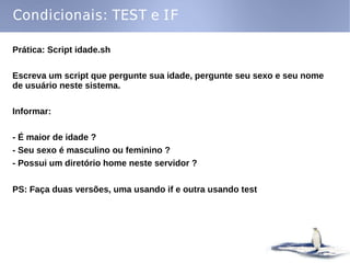 Condicionais: TEST e IF

Prática: Script idade.sh

Escreva um script que pergunte sua idade, pergunte seu sexo e seu nome
de usuário neste sistema.

Informar:

- É maior de idade ?
- Seu sexo é masculino ou feminino ?
- Possui um diretório home neste servidor ?

PS: Faça duas versões, uma usando if e outra usando test
 