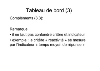 Tableau de bord (3)
Compléments (3.3):
Remarque
• il ne faut pas confondre critère et indicateur
• exemple : le critère « réactivité » se mesure
par l’indicateur « temps moyen de réponse »

 