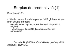 Surplus de productivité (1)
Principes (1.2):
• l’étude du surplus de la productivité globale répond
à un double objectif:
– expliquer les origines du surplus (qu’il soit positif ou
négatif)
– révéler à qui il a profité (l’entreprise et/ou ses
partenaires)

Doriath, B. (2005) « Contrôle de gestion, 4ème
édition », DUNOD.

 