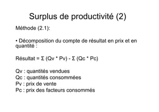 Surplus de productivité (2)
Méthode (2.1):
• Décomposition du compte de résultat en prix et en
quantité :
Résultat = Σ (Qv * Pv) - Σ (Qc * Pc)
Qv : quantités vendues
Qc : quantités consommées
Pv : prix de vente
Pc : prix des facteurs consommés

 