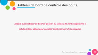 Tableau de bord de contrôle des coûts
The Power of PowerPoint | thepopp.com 18
Appelé aussi tableau de bord de gestion ou tableau de bord budgétaires, il
est davantage utilisé pour contrôler l’état financier de l’entreprise.
 