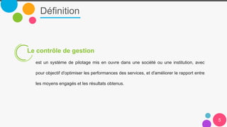 Définition
5
Le contrôle de gestion
est un système de pilotage mis en ouvre dans une société ou une institution, avec
pour objectif d'optimiser les performances des services, et d'améliorer le rapport entre
les moyens engagés et les résultats obtenus.
 