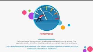 Performance
Donc, la performance c'est le fait d'atteindre d'une manière pertinente l'objectif fixé. Autrement dit, c'est la
combinaison entre l'efficacité et l'efficience.
Performance signifie : donner entièrement forme à quelque chose. La performance du personnel d'une
organisation consiste à donner forme et réalité au système de normes projeté et planifié par les dirigeants.
9
 